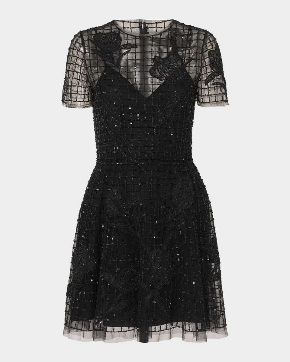 Embellished Tulle Short-Sleeve Mini Dress